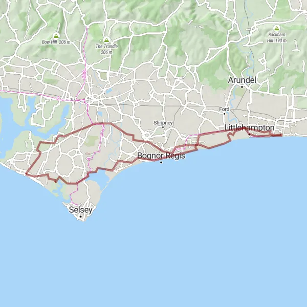 Map miniature of "Littlehampton and Birdham Gravel Loop" cycling inspiration in Surrey, East and West Sussex, United Kingdom. Generated by Tarmacs.app cycling route planner