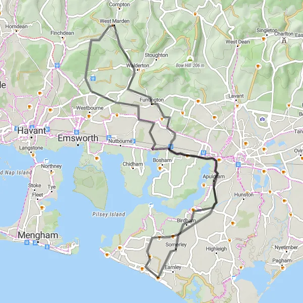 Map miniature of "Roads of Surrey" cycling inspiration in Surrey, East and West Sussex, United Kingdom. Generated by Tarmacs.app cycling route planner