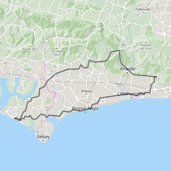 Map miniature of "The Great South Loop" cycling inspiration in Surrey, East and West Sussex, United Kingdom. Generated by Tarmacs.app cycling route planner