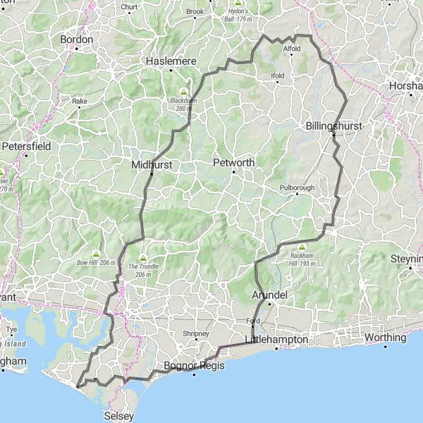 Map miniature of "Fishbourne and Billingshurst Road Cycling Loop" cycling inspiration in Surrey, East and West Sussex, United Kingdom. Generated by Tarmacs.app cycling route planner