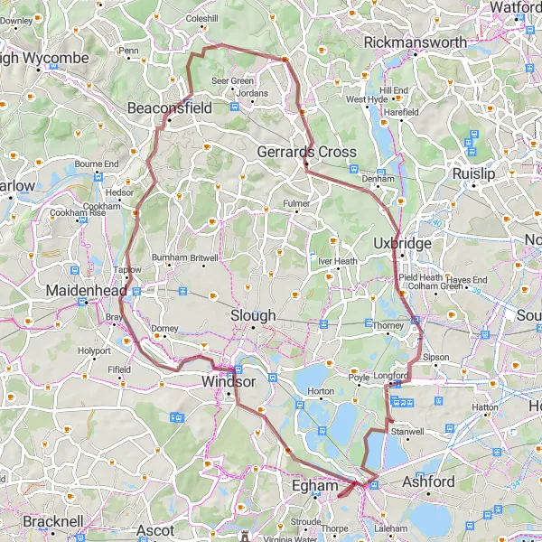 Map miniature of "Egham to Cliveden Gravel Loop" cycling inspiration in Surrey, East and West Sussex, United Kingdom. Generated by Tarmacs.app cycling route planner