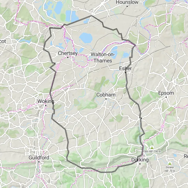 Map miniature of "Surrey Hills Adventure" cycling inspiration in Surrey, East and West Sussex, United Kingdom. Generated by Tarmacs.app cycling route planner