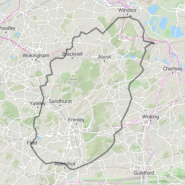 Map miniature of "Egham to Aldershot Loop" cycling inspiration in Surrey, East and West Sussex, United Kingdom. Generated by Tarmacs.app cycling route planner