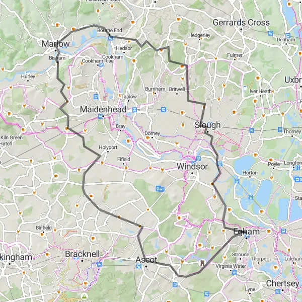 Map miniature of "Berkshire Countryside Loop" cycling inspiration in Surrey, East and West Sussex, United Kingdom. Generated by Tarmacs.app cycling route planner