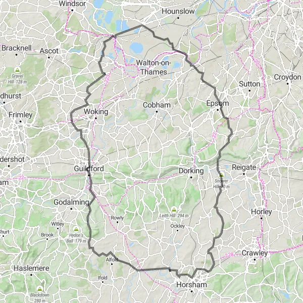 Map miniature of "Staines-upon-Thames to Guildford Epic Route" cycling inspiration in Surrey, East and West Sussex, United Kingdom. Generated by Tarmacs.app cycling route planner