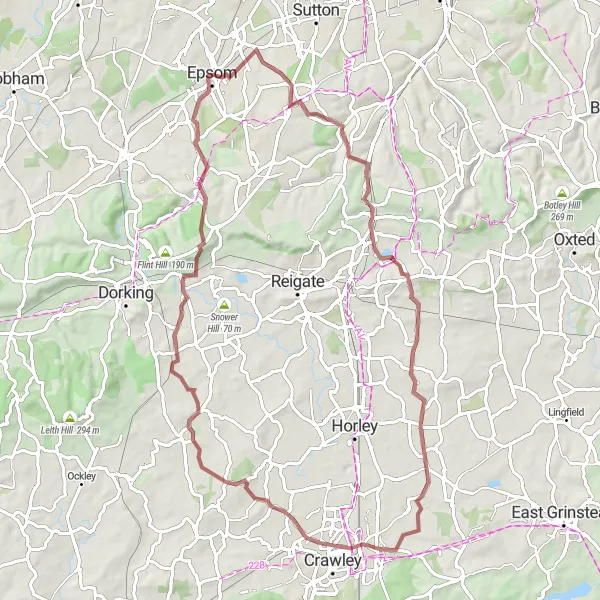 Map miniature of "Gravel Loop from Ewell" cycling inspiration in Surrey, East and West Sussex, United Kingdom. Generated by Tarmacs.app cycling route planner