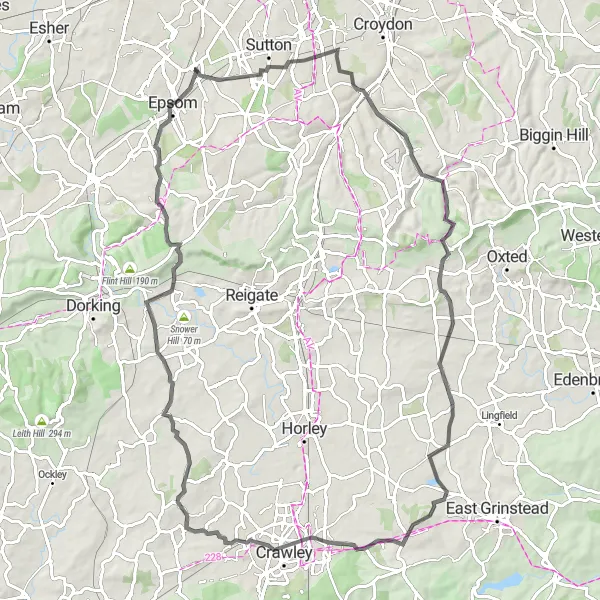 Map miniature of "Road Loop from Ewell" cycling inspiration in Surrey, East and West Sussex, United Kingdom. Generated by Tarmacs.app cycling route planner