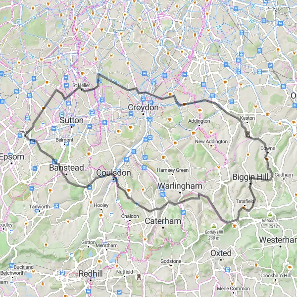 Map miniature of "Ewell to Banstead Road Route" cycling inspiration in Surrey, East and West Sussex, United Kingdom. Generated by Tarmacs.app cycling route planner