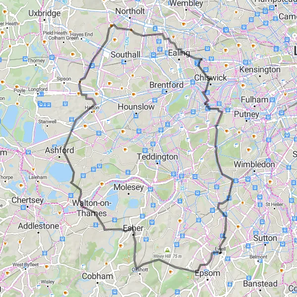 Map miniature of "Road Loop from Ewell" cycling inspiration in Surrey, East and West Sussex, United Kingdom. Generated by Tarmacs.app cycling route planner