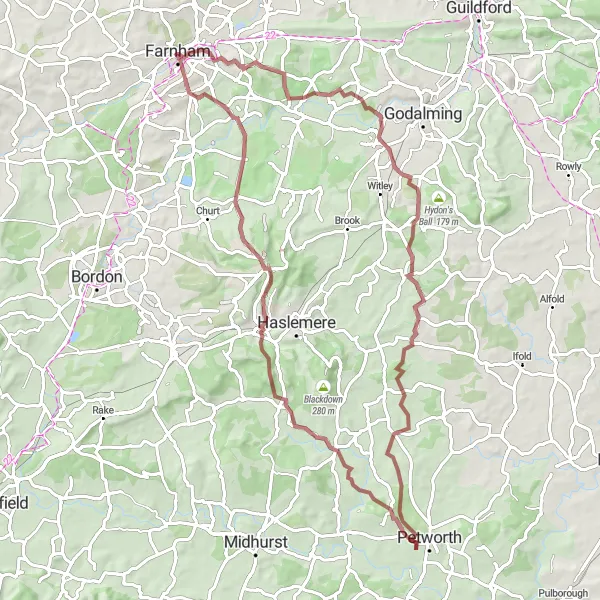 Map miniature of "Uphill Delight" cycling inspiration in Surrey, East and West Sussex, United Kingdom. Generated by Tarmacs.app cycling route planner