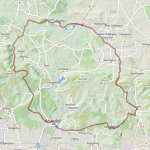 Map miniature of "Gravel Ride to Barlavington and Findon" cycling inspiration in Surrey, East and West Sussex, United Kingdom. Generated by Tarmacs.app cycling route planner