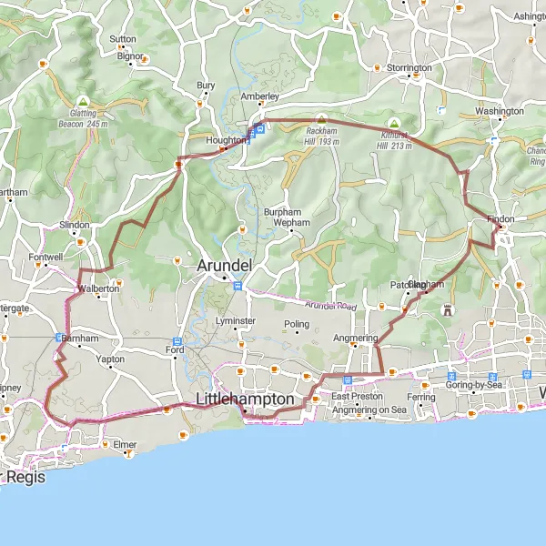 Map miniature of "Findon Gravel Adventure" cycling inspiration in Surrey, East and West Sussex, United Kingdom. Generated by Tarmacs.app cycling route planner