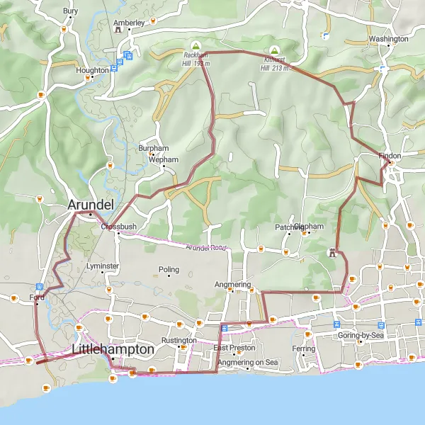 Map miniature of "Gravel Route to Castle Goring and Findon" cycling inspiration in Surrey, East and West Sussex, United Kingdom. Generated by Tarmacs.app cycling route planner