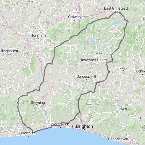 Map miniature of "Road Route to Forest Row and Ditchling Beacon" cycling inspiration in Surrey, East and West Sussex, United Kingdom. Generated by Tarmacs.app cycling route planner