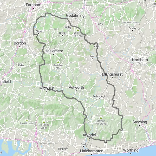 Map miniature of "Road Route to West Burton and Washington" cycling inspiration in Surrey, East and West Sussex, United Kingdom. Generated by Tarmacs.app cycling route planner