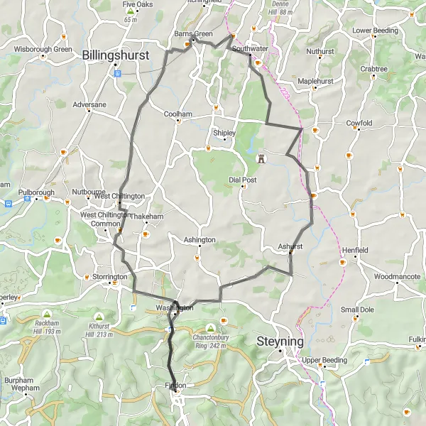 Map miniature of "Findon to Ashurst Road Cycling Route" cycling inspiration in Surrey, East and West Sussex, United Kingdom. Generated by Tarmacs.app cycling route planner