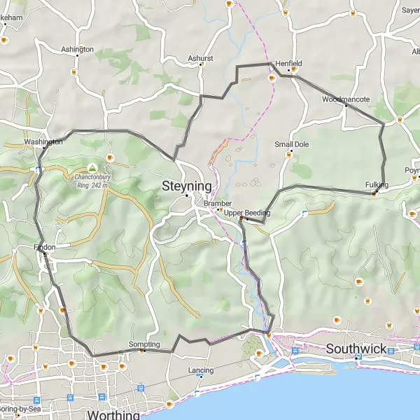 Map miniature of "Findon Henfield Road Cycling Route" cycling inspiration in Surrey, East and West Sussex, United Kingdom. Generated by Tarmacs.app cycling route planner