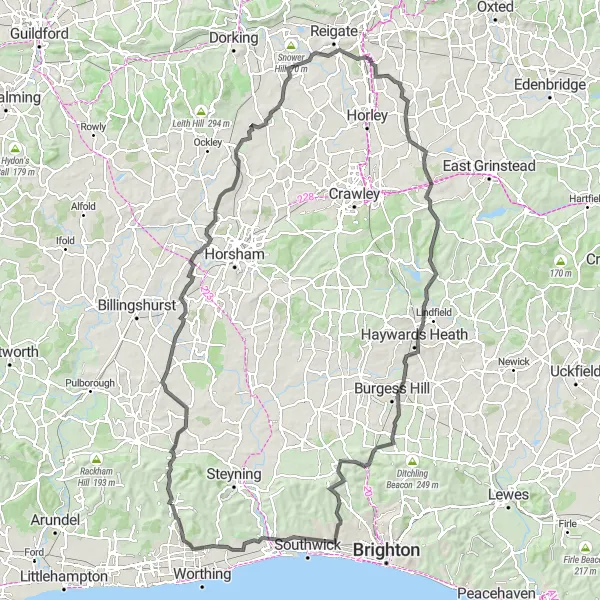 Map miniature of "Ashington to Turners Hill Cycling Challenge" cycling inspiration in Surrey, East and West Sussex, United Kingdom. Generated by Tarmacs.app cycling route planner