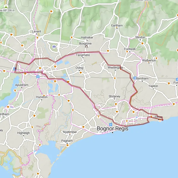 Map miniature of "Chichester Coastline" cycling inspiration in Surrey, East and West Sussex, United Kingdom. Generated by Tarmacs.app cycling route planner