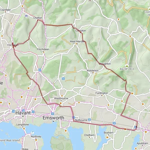Map miniature of "Downland Delight" cycling inspiration in Surrey, East and West Sussex, United Kingdom. Generated by Tarmacs.app cycling route planner