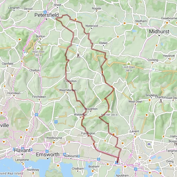 Map miniature of "Hampshire Hills" cycling inspiration in Surrey, East and West Sussex, United Kingdom. Generated by Tarmacs.app cycling route planner