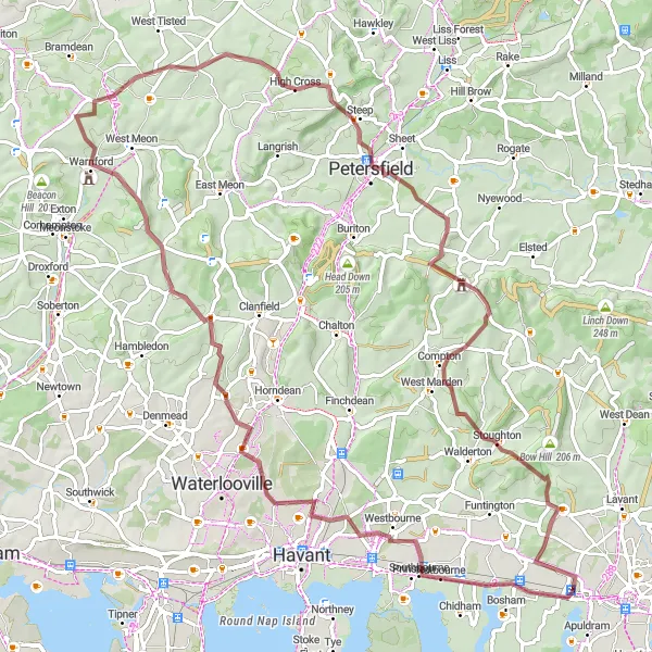 Map miniature of "Fishbourne Gravel Adventure" cycling inspiration in Surrey, East and West Sussex, United Kingdom. Generated by Tarmacs.app cycling route planner