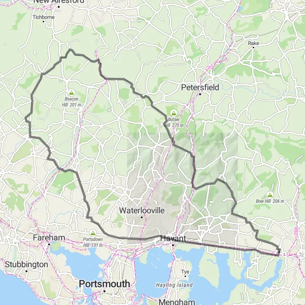 Map miniature of "Scenic Ride through Fishbourne Countryside" cycling inspiration in Surrey, East and West Sussex, United Kingdom. Generated by Tarmacs.app cycling route planner