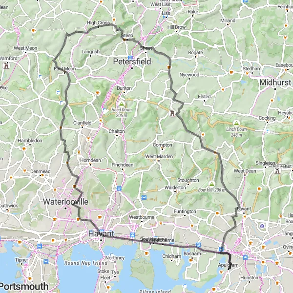 Map miniature of "Adventurous Ride across Fishbourne and Beyond" cycling inspiration in Surrey, East and West Sussex, United Kingdom. Generated by Tarmacs.app cycling route planner