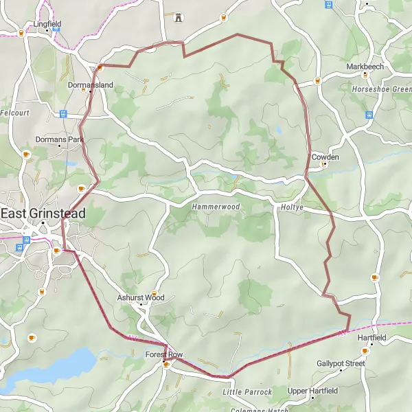 Map miniature of "Forest Ride" cycling inspiration in Surrey, East and West Sussex, United Kingdom. Generated by Tarmacs.app cycling route planner