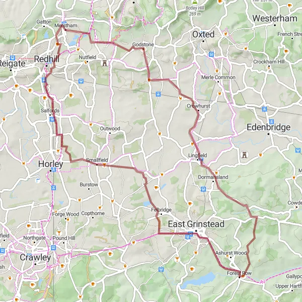 Map miniature of "Gravel Adventure: Forest Row to Hammerwood" cycling inspiration in Surrey, East and West Sussex, United Kingdom. Generated by Tarmacs.app cycling route planner