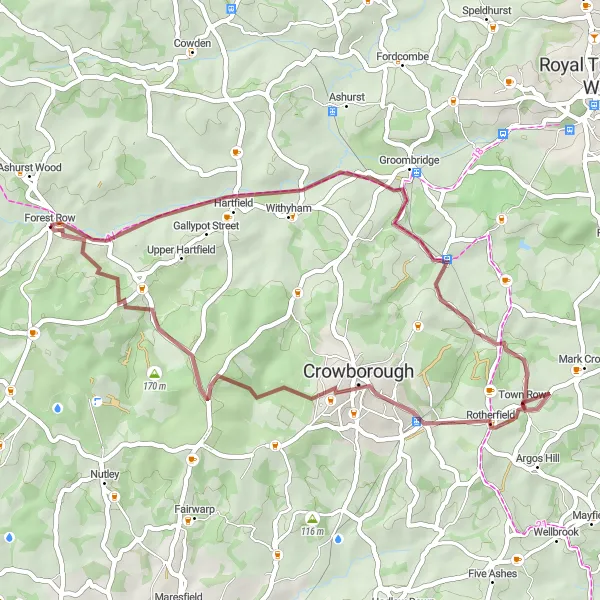 Map miniature of "The Forest Gravel Adventure" cycling inspiration in Surrey, East and West Sussex, United Kingdom. Generated by Tarmacs.app cycling route planner