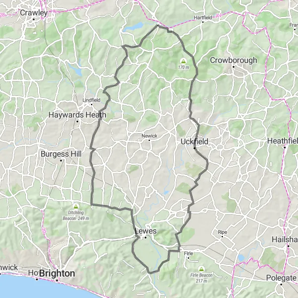 Map miniature of "Wealden Explorer" cycling inspiration in Surrey, East and West Sussex, United Kingdom. Generated by Tarmacs.app cycling route planner