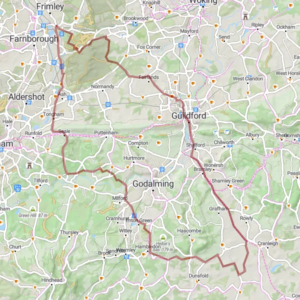 Map miniature of "Shalford Mill Circular" cycling inspiration in Surrey, East and West Sussex, United Kingdom. Generated by Tarmacs.app cycling route planner