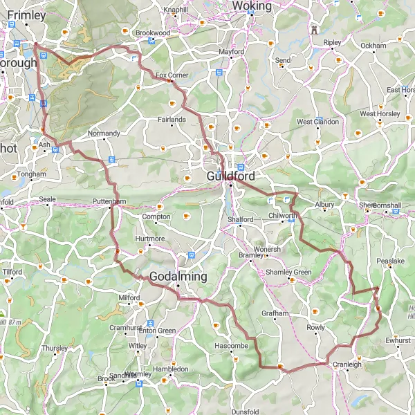 Map miniature of "Guildford Gravel Explorer" cycling inspiration in Surrey, East and West Sussex, United Kingdom. Generated by Tarmacs.app cycling route planner