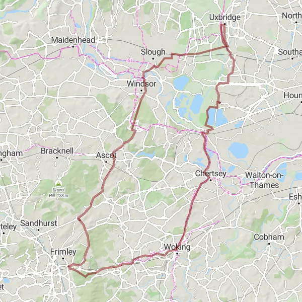 Map miniature of "Gravel Adventure: Frimley Green to Woking" cycling inspiration in Surrey, East and West Sussex, United Kingdom. Generated by Tarmacs.app cycling route planner