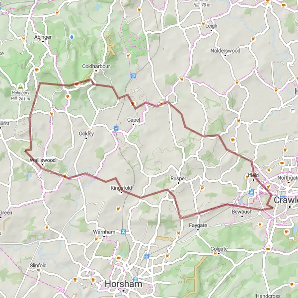 Map miniature of "Explore the Gravel Trails of Rusper" cycling inspiration in Surrey, East and West Sussex, United Kingdom. Generated by Tarmacs.app cycling route planner