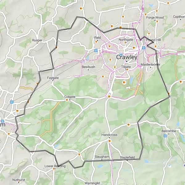 Map miniature of "Maidenbower Loop" cycling inspiration in Surrey, East and West Sussex, United Kingdom. Generated by Tarmacs.app cycling route planner