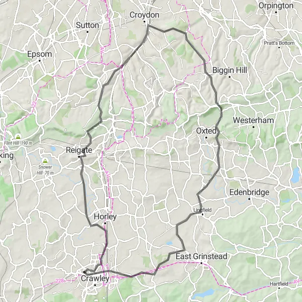 Map miniature of "Surrey Hills Adventure" cycling inspiration in Surrey, East and West Sussex, United Kingdom. Generated by Tarmacs.app cycling route planner