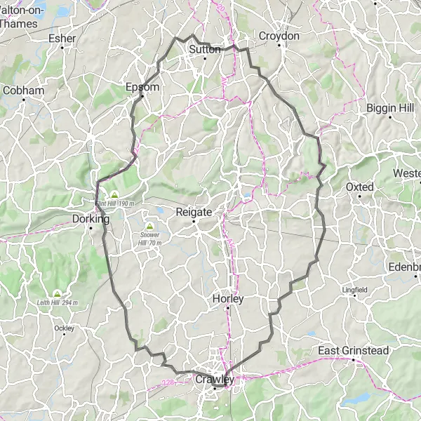 Map miniature of "Surrey Hills Explorer" cycling inspiration in Surrey, East and West Sussex, United Kingdom. Generated by Tarmacs.app cycling route planner