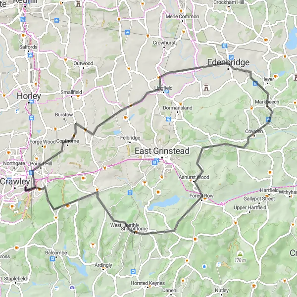 Map miniature of "The Sussex Sprint Road Circuit" cycling inspiration in Surrey, East and West Sussex, United Kingdom. Generated by Tarmacs.app cycling route planner