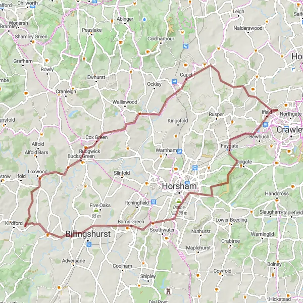 Map miniature of "The Billingshurst Loop" cycling inspiration in Surrey, East and West Sussex, United Kingdom. Generated by Tarmacs.app cycling route planner