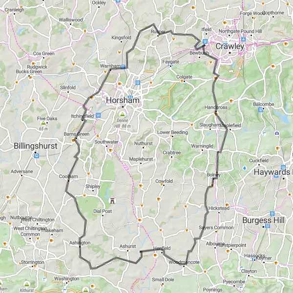 Map miniature of "Exploring West Sussex" cycling inspiration in Surrey, East and West Sussex, United Kingdom. Generated by Tarmacs.app cycling route planner