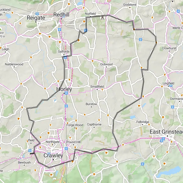 Map miniature of "Crawley Loop Ride" cycling inspiration in Surrey, East and West Sussex, United Kingdom. Generated by Tarmacs.app cycling route planner