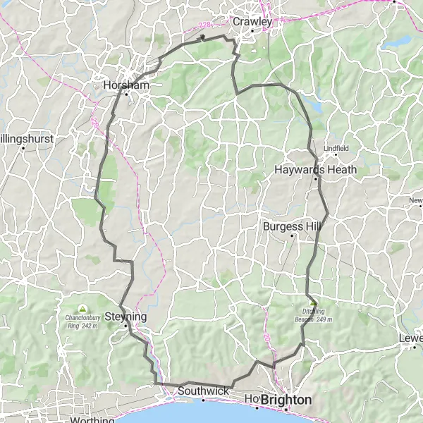 Map miniature of "The Road Adventure" cycling inspiration in Surrey, East and West Sussex, United Kingdom. Generated by Tarmacs.app cycling route planner