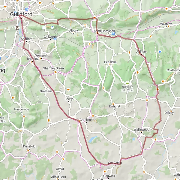 Map miniature of "Guildford Gravel Loop" cycling inspiration in Surrey, East and West Sussex, United Kingdom. Generated by Tarmacs.app cycling route planner