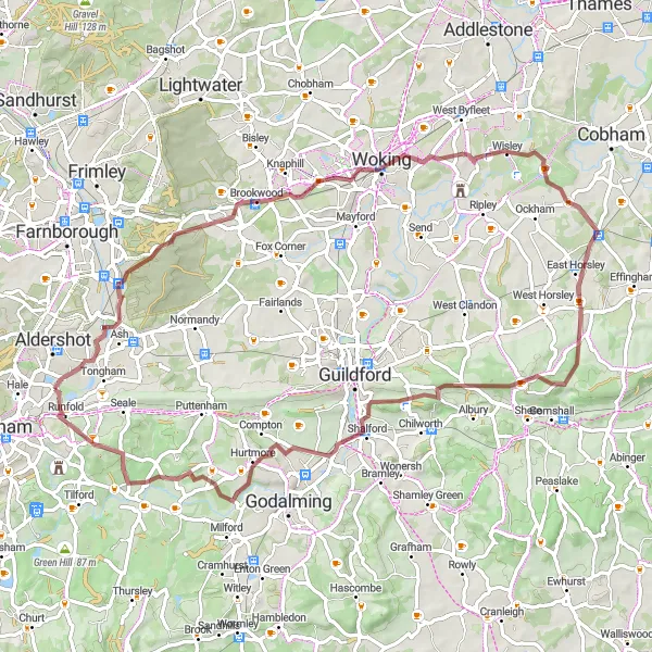 Map miniature of "St Martha's Hill Gravel Adventure" cycling inspiration in Surrey, East and West Sussex, United Kingdom. Generated by Tarmacs.app cycling route planner