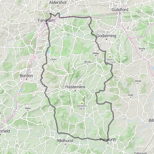 Map miniature of "Petworth and Liphook Adventure" cycling inspiration in Surrey, East and West Sussex, United Kingdom. Generated by Tarmacs.app cycling route planner