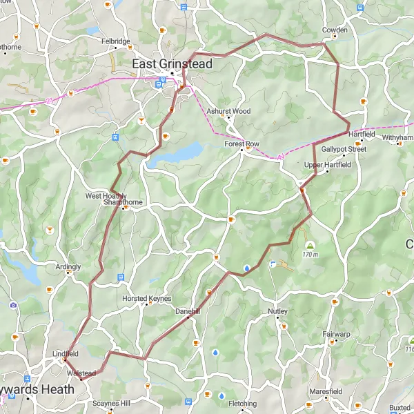 Map miniature of "The Hartfield Gravel Adventure" cycling inspiration in Surrey, East and West Sussex, United Kingdom. Generated by Tarmacs.app cycling route planner