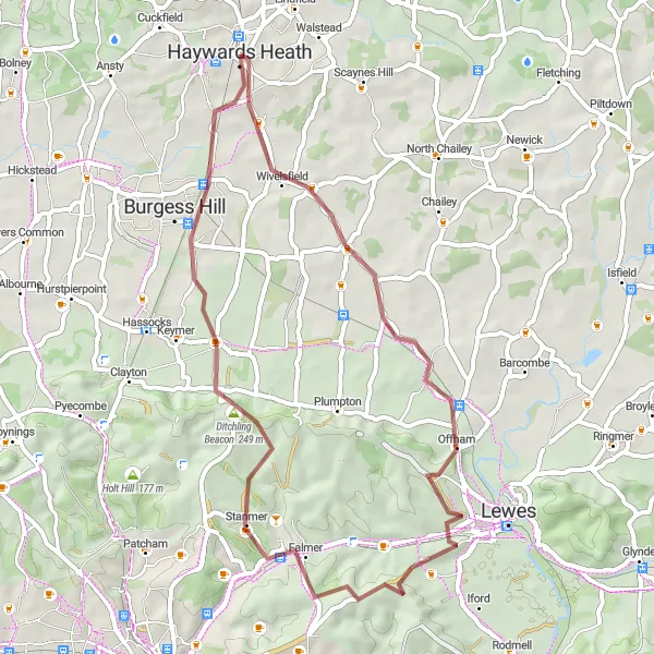 Map miniature of "The Wivelsfield Gravel Adventure" cycling inspiration in Surrey, East and West Sussex, United Kingdom. Generated by Tarmacs.app cycling route planner