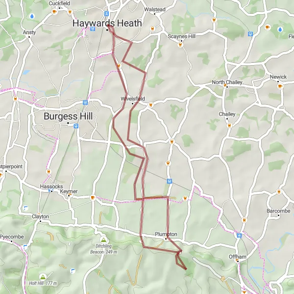 Map miniature of "The Blackcap Gravel Loop" cycling inspiration in Surrey, East and West Sussex, United Kingdom. Generated by Tarmacs.app cycling route planner